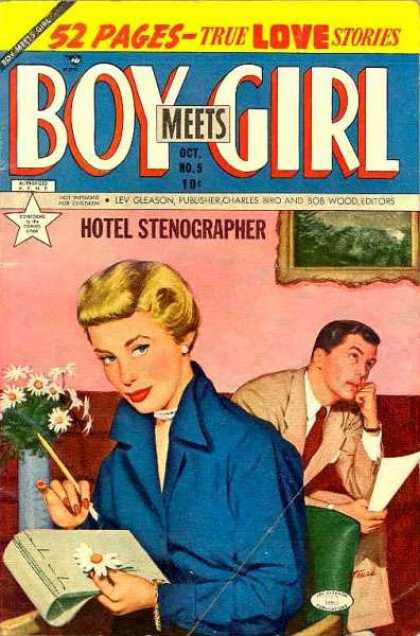 Boy Meets Girl 5 - Hotel Stenographer - Blond Woman - Man In Suit - Daisies In Blue Vase - Pad And Pencil