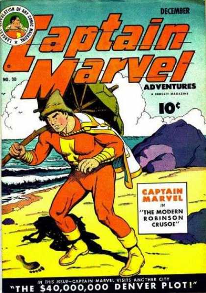 Captain Marvel Adventures 30 - December - Denver Plot - Beach - Umbrella - Modern Robinson Crusoe - Clarence Beck