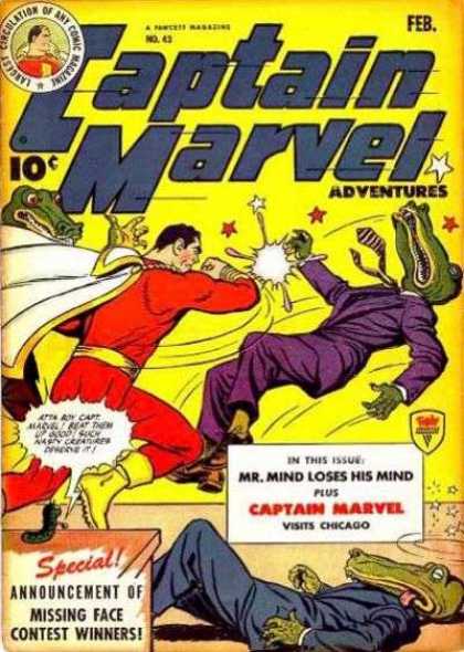 Captain Marvel Adventures 43 - Mr Mind Loses His Mind - Adventures - White Cape - Yellow Boots - Alligator Dressed In Suit - Clarence Beck