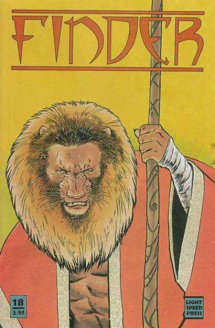 Finder 18 - Lion-man - Wooden Staff - Red And White Cloak - White Wraps - Yellow Background
