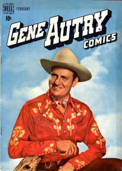Gene Autry Comics 24 - Cowboy - Red Shirt - Blue Sky - Clouds - Smiling Man