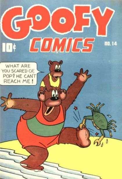 Goofy Comics 14 - Father Bear In Red Bathing Suit - Baby Bear In Yellow Bathing Suit - Green Crab - Beach - Ocean