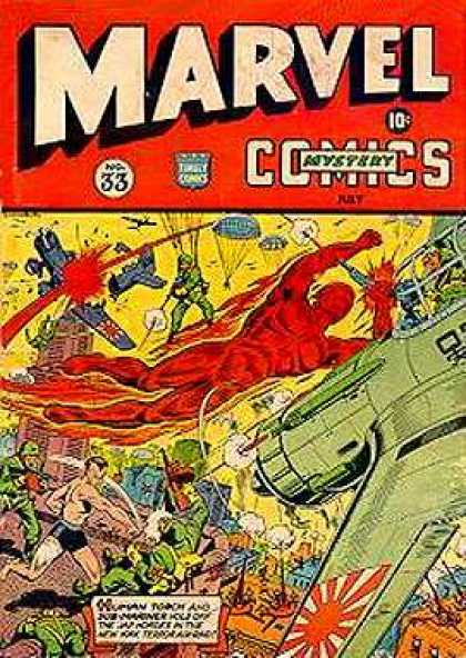 Marvel Mystery Comics 33 - Plane - Guns - Explosion - Flaming Man - Soldier