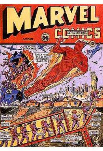 Marvel Mystery Comics 36 - Torch - Aeroplanes - Statue Of Liberty - City - Tallest Buildings