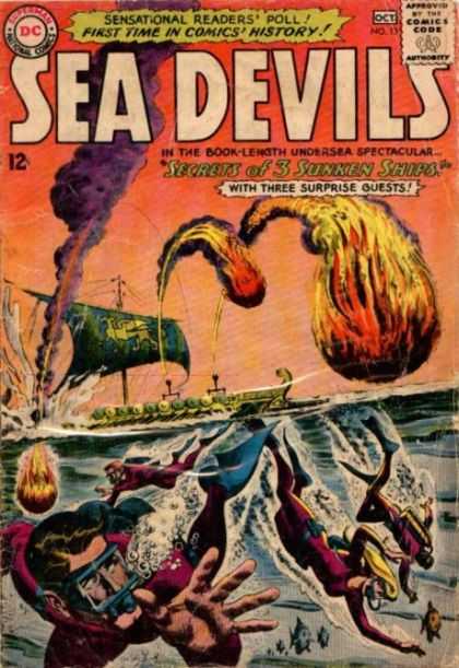 Sea Devils 13 - Sensational Readers Poll - First Time In Comics History - Secrets Of 3 Sunken Ships - Ocean - Fire Balls - Jack Adler