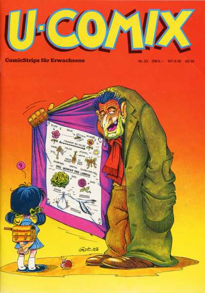 U-Comix 23 - German Comics - Man Holding Open Coat - Comic Strips Fur Erwachsene - Little Girl Looking At Sign Confused - Sign With Birds And Bees On It